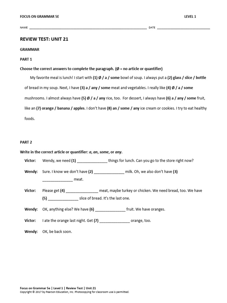 FOG1 Unit 21 Review Test | PDF | Lunch | Soup