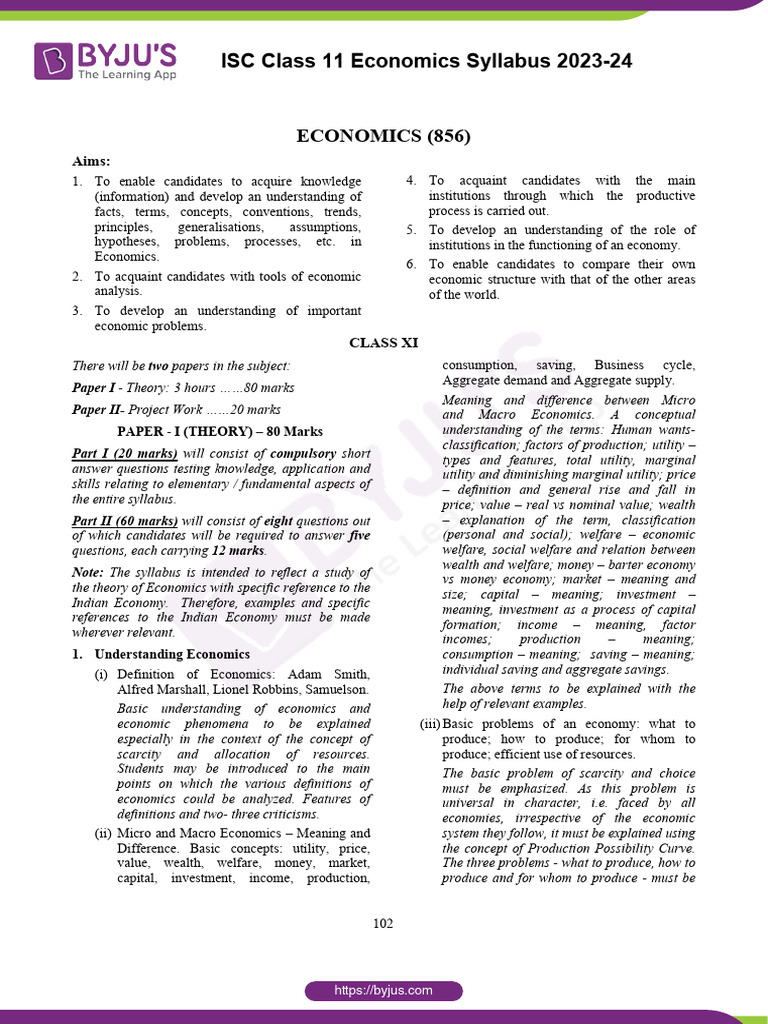 ISC Class 11 Economics Syllabus 2023-24 | PDF | Economics | Mean