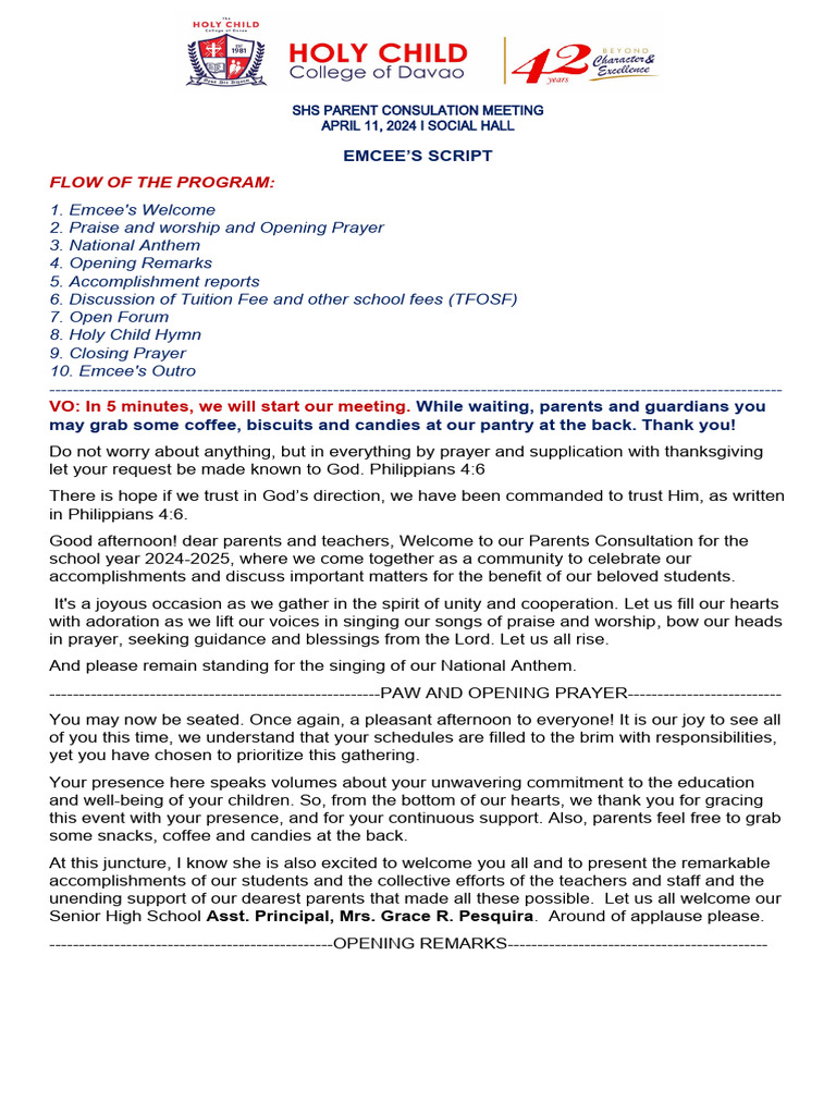 SHS Parents' Consultation Meeting 2024-2025 Script - Kalayaan | PDF ...