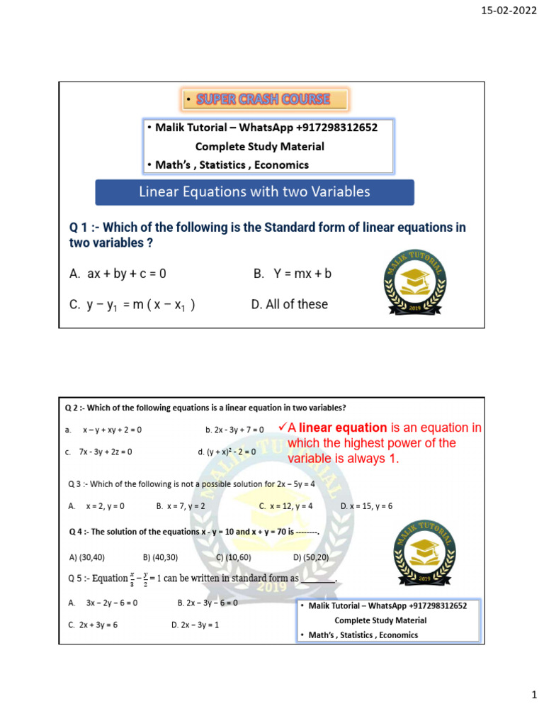 Linear Equations in Two Variables BY MALIK TUTORIAL | PDF | Equations ...