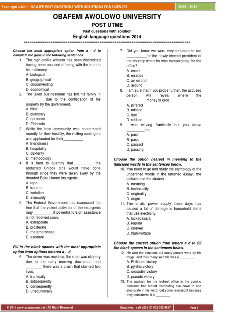OAU Ife Past Questions & Solutions | PDF | Noun | Clause