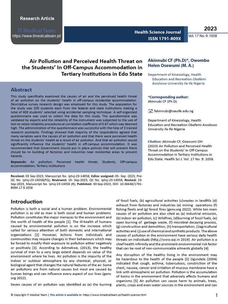 Air Pollution and Perceived Health Threats On The Students in Offcampus ...