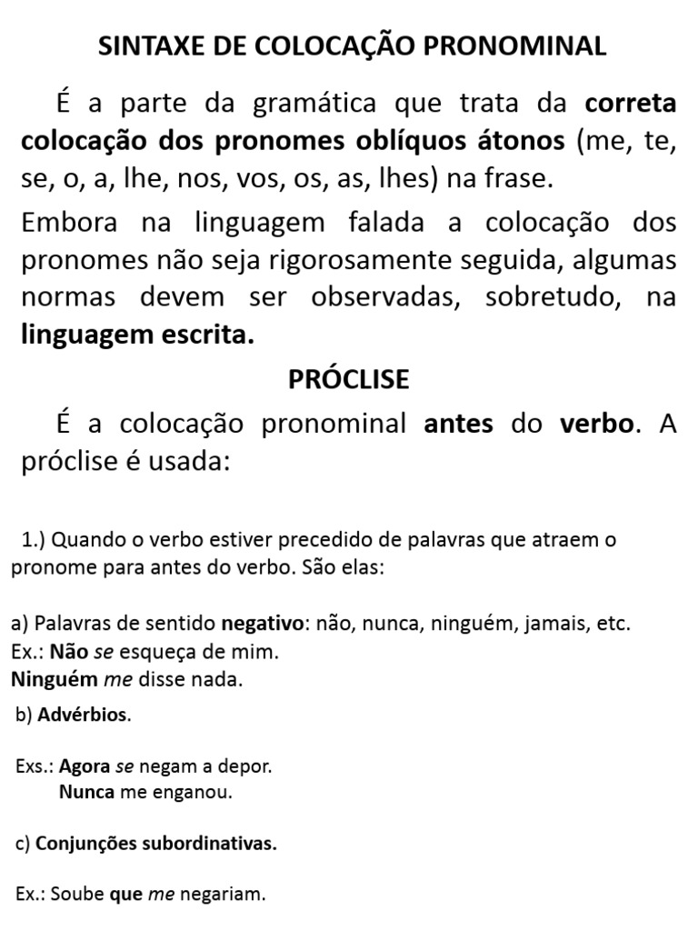 Colocação Pronominal: Próclise, Mesóclise e Ênclise | PDF | Pronome ...