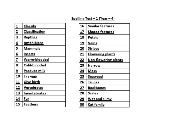 Year 4 Spelling Test 1 | PDF | Science & Mathematics