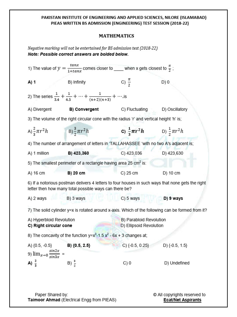 PIEAS BS Engineering Math Test 2018-22 | PDF | Function (Mathematics ...