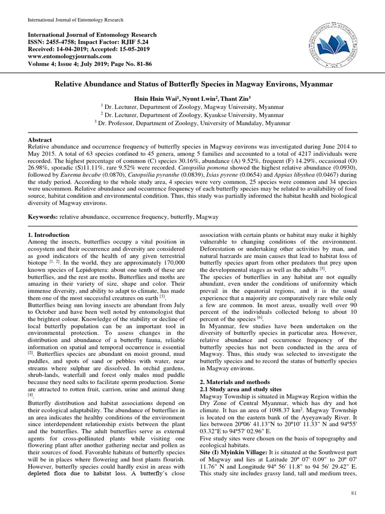 Relative Abundance and Status of Butterfly Species in Magway Environs ...