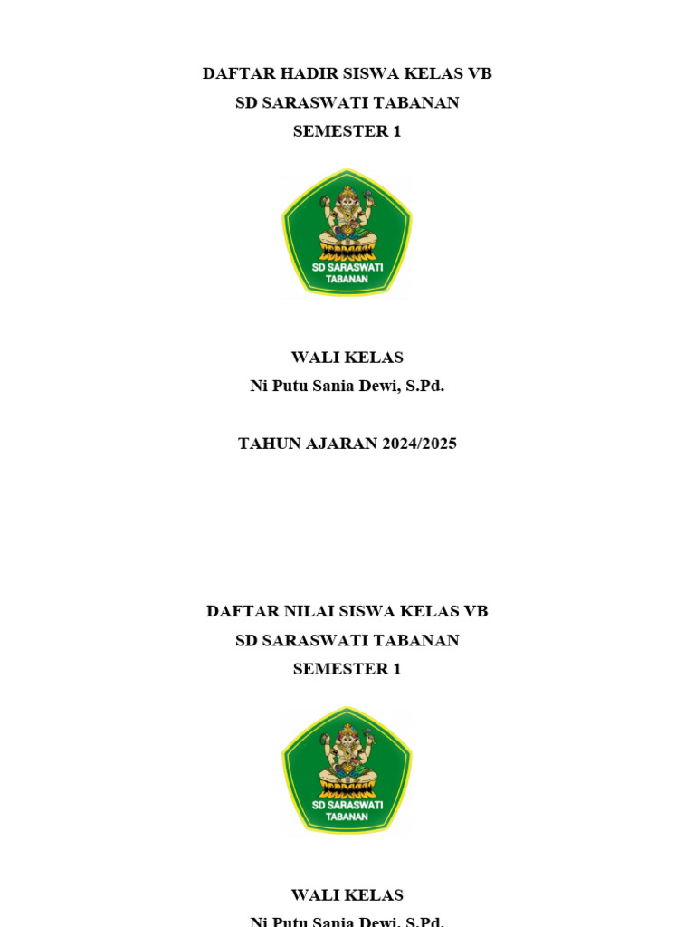 Cover daftar hadir dan nilai siswa kelas vd pdf