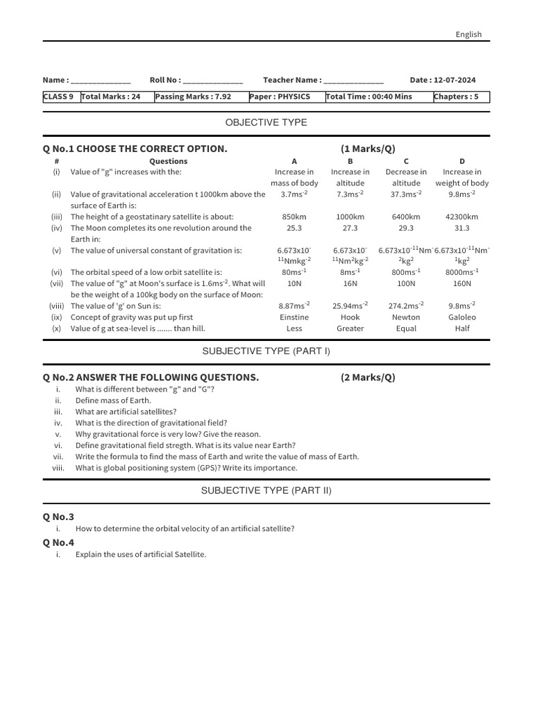 Class 9 Physics Exam Paper Guide | PDF | Mass | Gravity