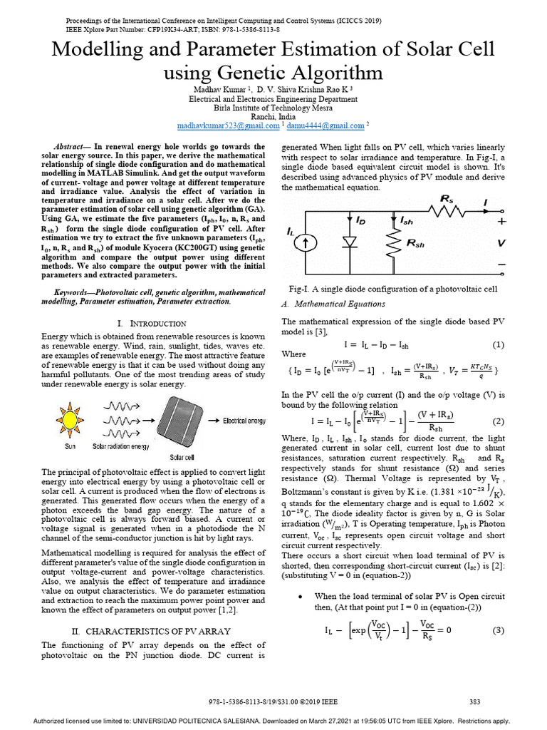 Solar Cell Parameter Estimation via GA | PDF | Photovoltaics | Solar Cell