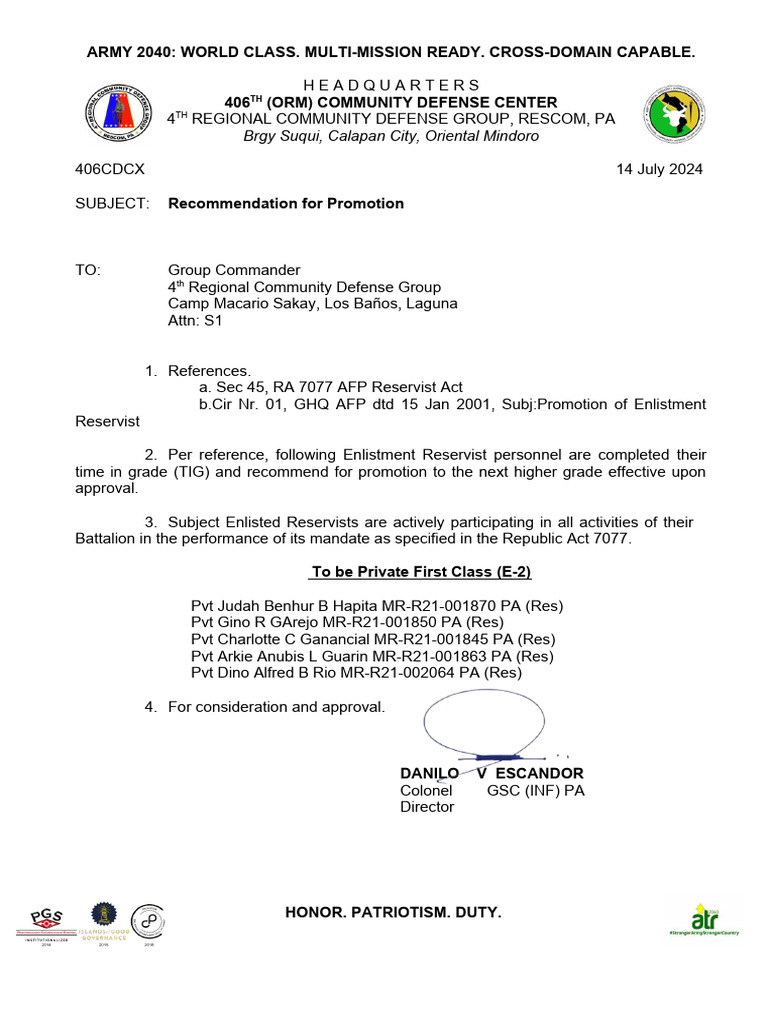 Army Promotion Recommendations 2024 | PDF | Army | Defense