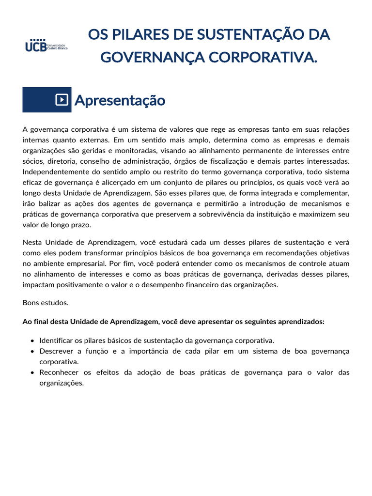 Pilares da Governança Corporativa | PDF | Governança | Corporações