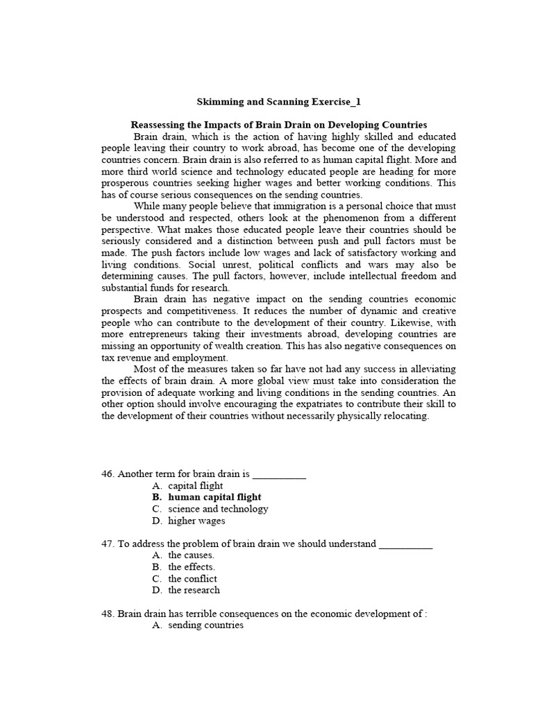 Skimming and Scanning Exercise PDF Human Capital Flight Human