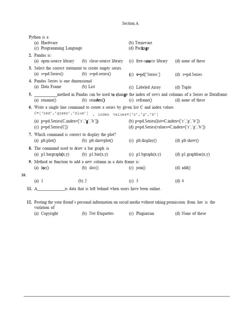 Python and Pandas Quiz Questions | PDF | Computing | Computer Science