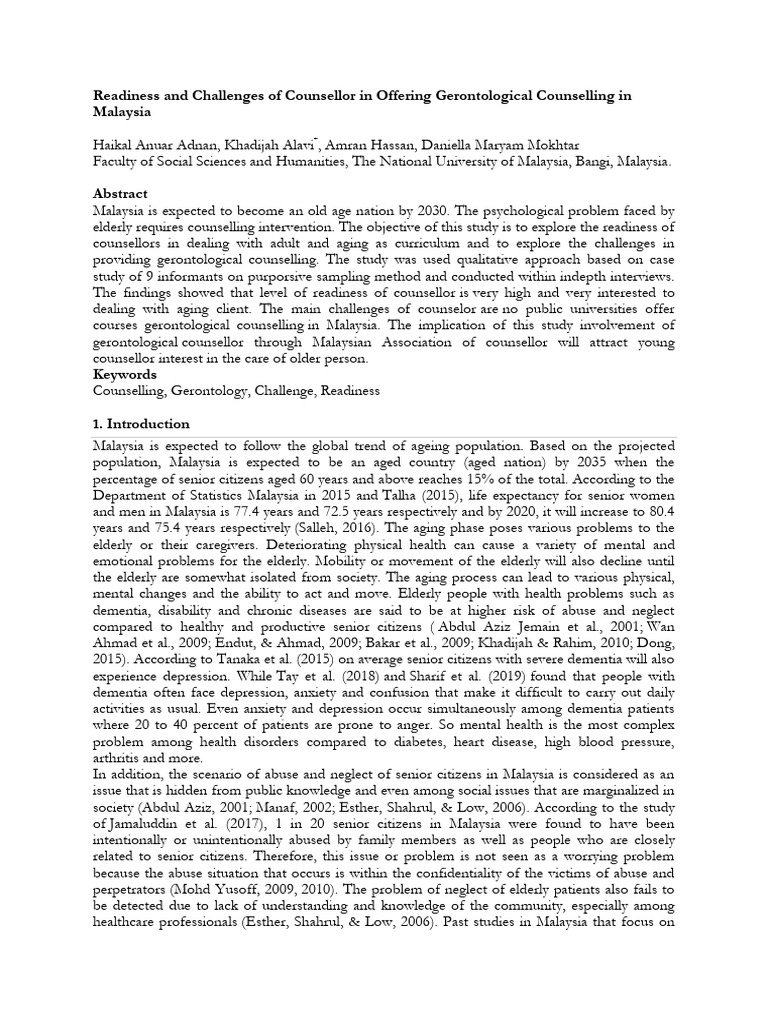 Readiness and challenges of counsellor in offering gerontological