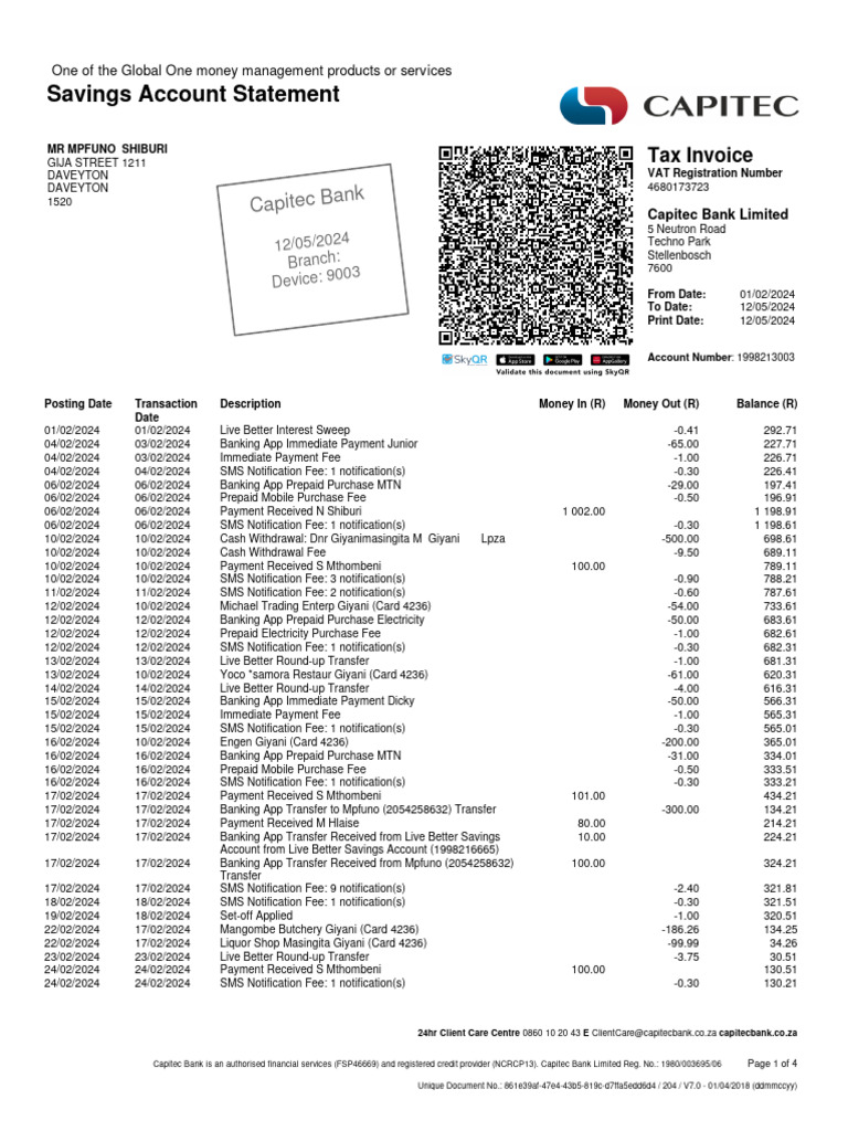 Giyani Capitec Branch Code Details | PDF | Payments | Stored Value Card