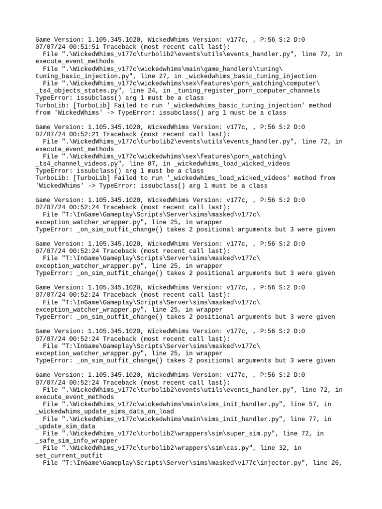 WickedWhims v177c Error Log Summary | PDF | Computing | Software
