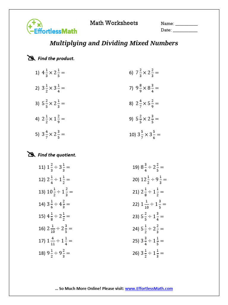Multiplying and Dividing Mixed Numbers | PDF | Division (Mathematics ...