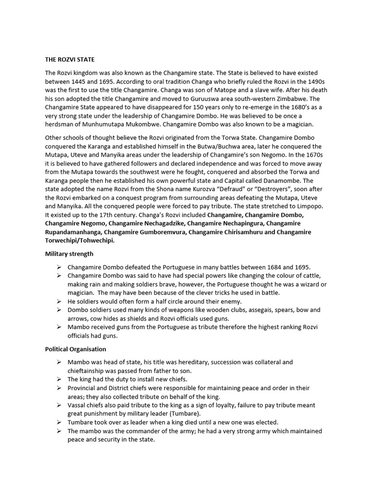 Overview of the Rozvi State History | PDF | Travel | Religion ...