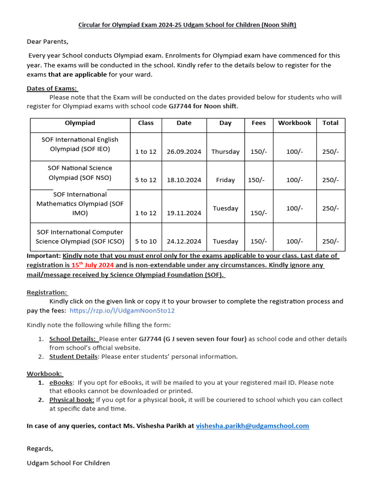 Olympiad Exam Circular 2024-25 | PDF
