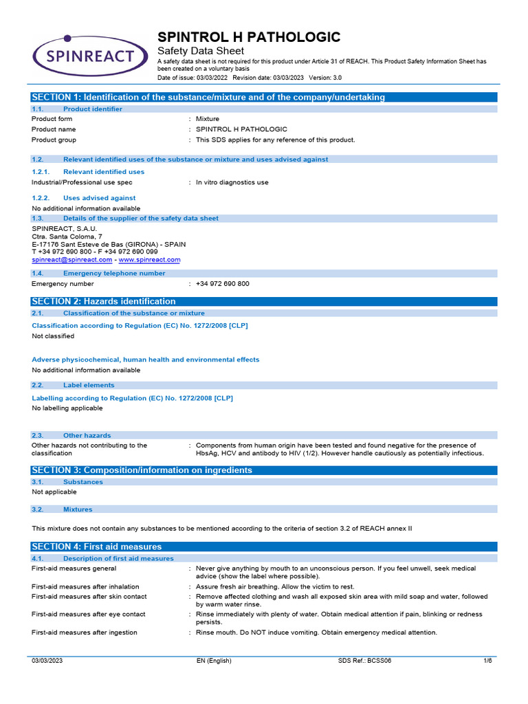SPINTROL H Pathologic Safety Data Sheet | PDF | Dangerous Goods | Toxicity