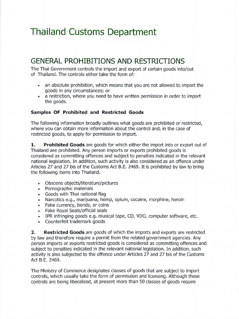 Prohibitions and Restrictions by Thai Customs | PDF