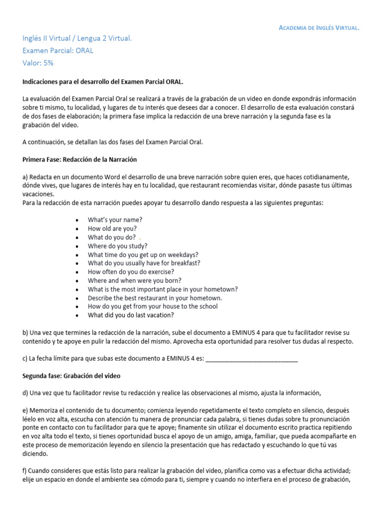 Examen Oral Parcial de Inglés II | PDF | Crecimiento personal y ...