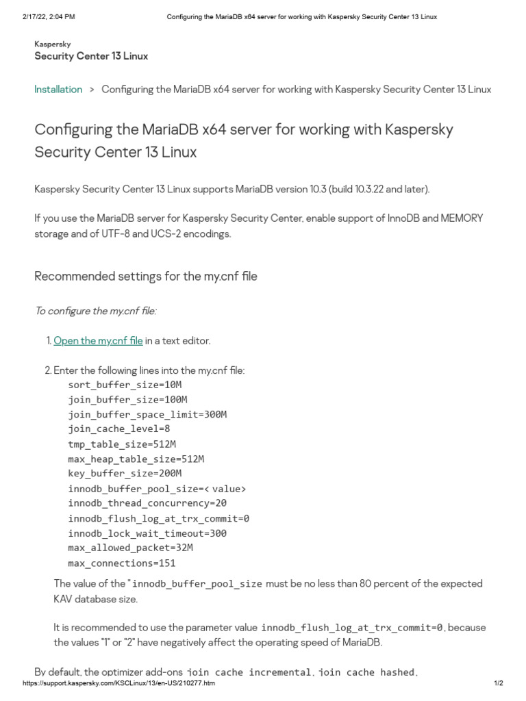Configuring the mariadb x64 server for working with kaspersky security