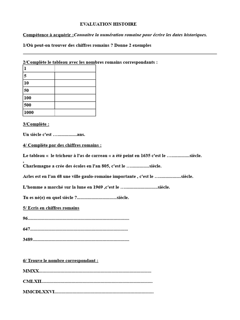  valuation Des Chiffres Romains En Histoire PDF Rome Antique 