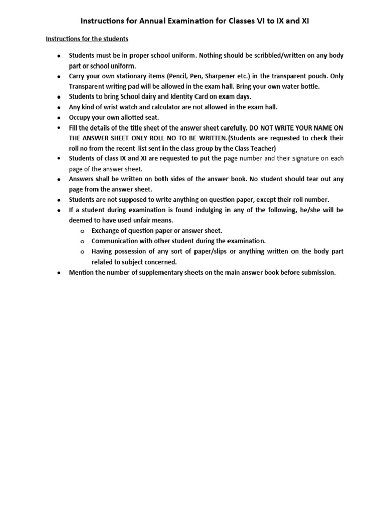 Annual Exam Instructions for Students VI-IX, XI | PDF | Wellness