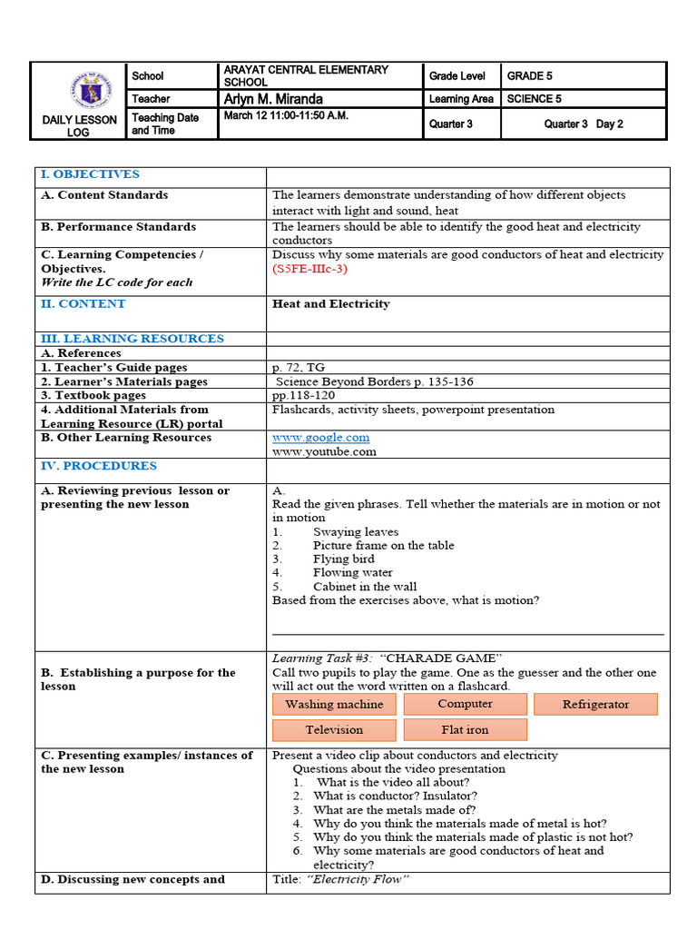 Cot Lesson Plan in Science 5 | PDF | Electrical Conductor | Metals