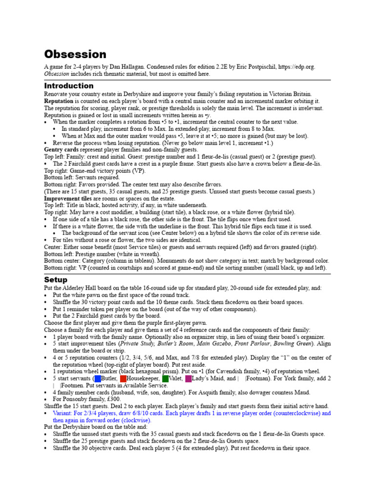 Obsession Game Rules Overview | PDF