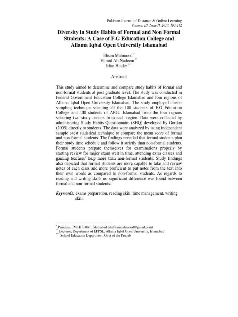 Study Habits: Formal vs Non-Formal Students | PDF | Cognition
