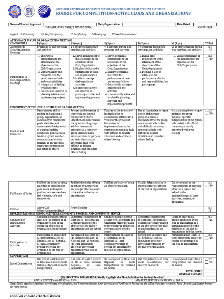 Rubric For Competition Active Clubs and Organizations Revised 2023 2024 ...