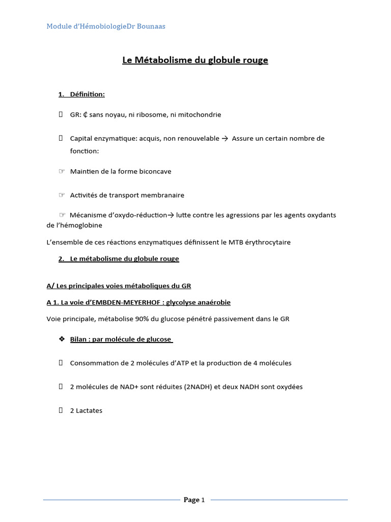 Métabolisme des globules rouges : voies et enzymes | PDF | Glycolyse ...