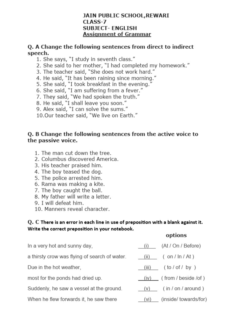Class 7 English Grammar Assignment | PDF