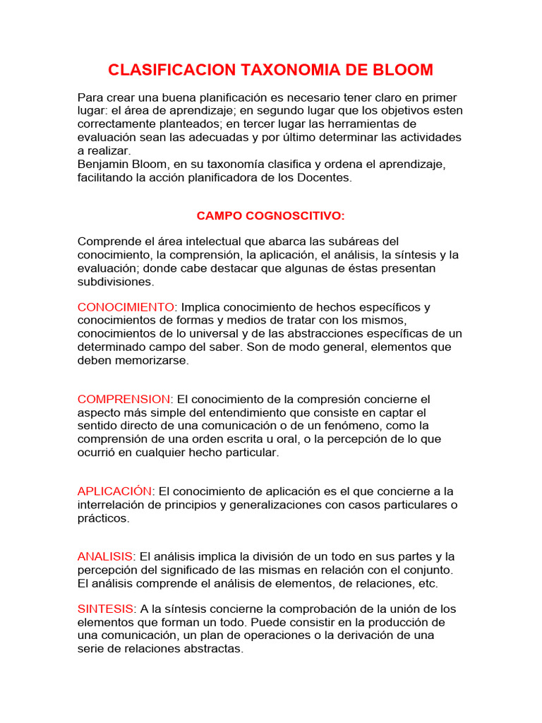 Clasificación de la Taxonomía de Bloom | PDF | Aprendizaje | Conocimiento