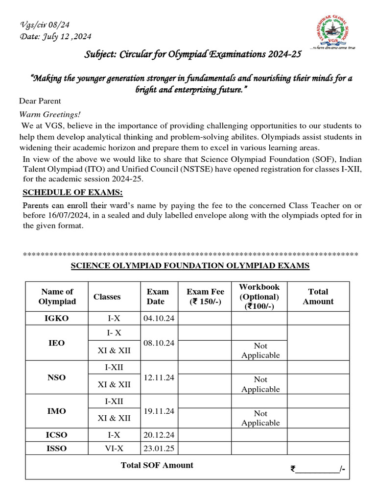 Olympiad Circular 2024-25 | PDF