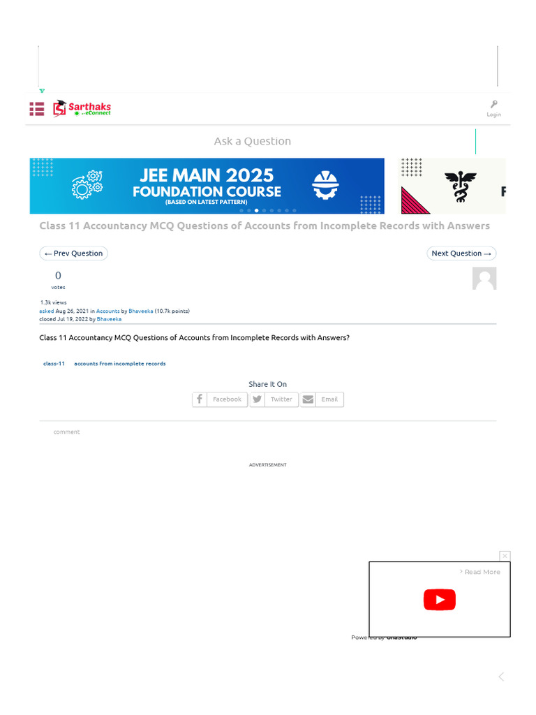 Class 11 Accountancy MCQ Questions of Accounts From Incomplete Records ...