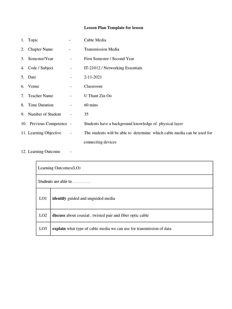 Lesson Plan Template (Lecture) | PDF | Transmission Medium | Lesson Plan