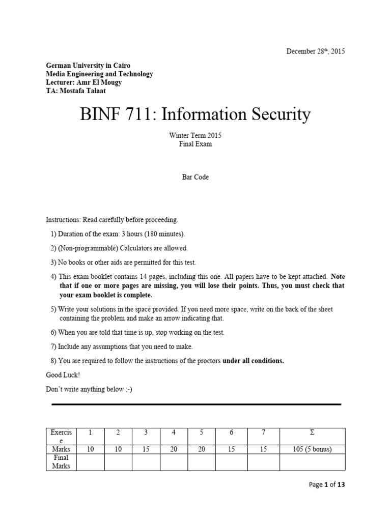 Information Security Final Exam 2015 | PDF | Public Key Cryptography ...