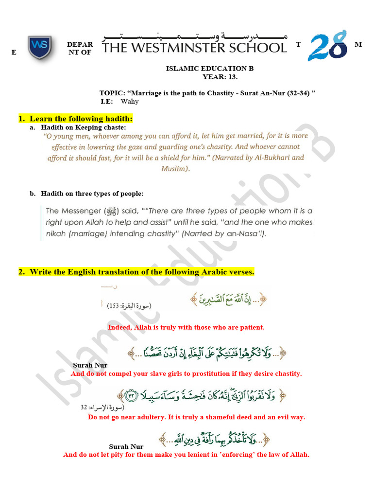 WS 2 Marriage is the Path of Chastity Ans | PDF | Chastity