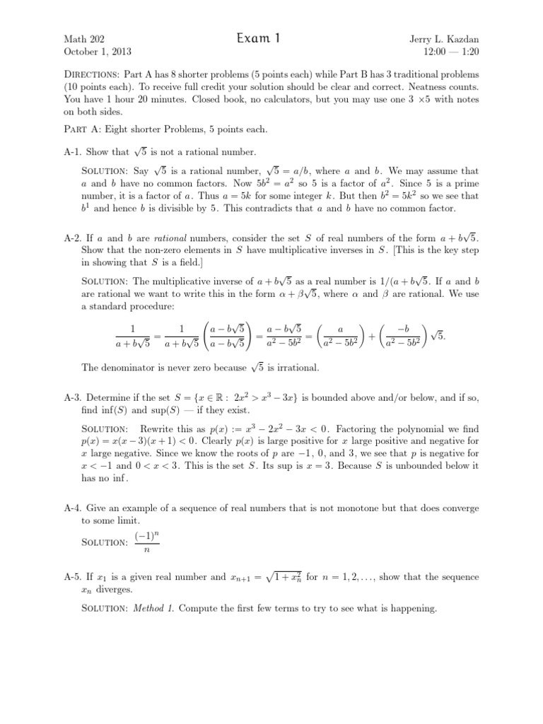 Math 202 Exam 1 Solutions and Problems | PDF | Square Root | Numbers