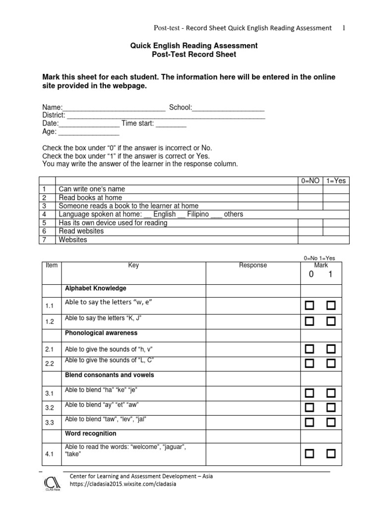 Quick English Reading Assessment Record | PDF | English Language ...