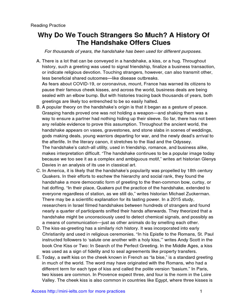 History and Significance of Handshakes | PDF | Kiss