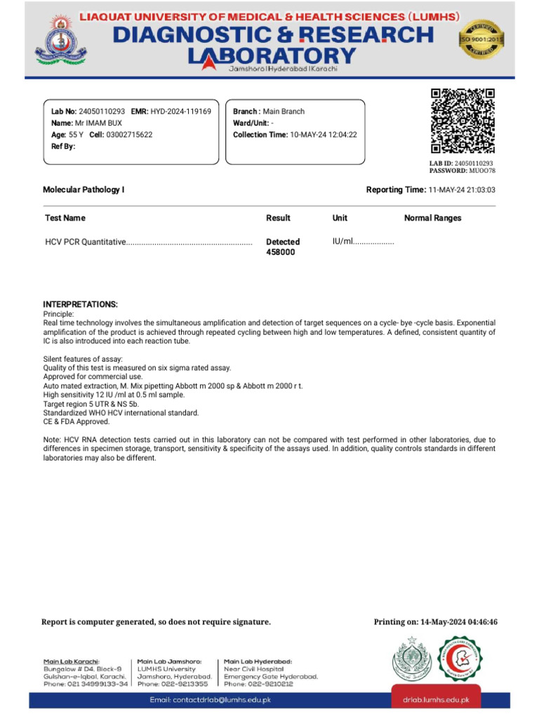 Molecular Pathology I Reporting Time: Test Name Result Unit Normal ...