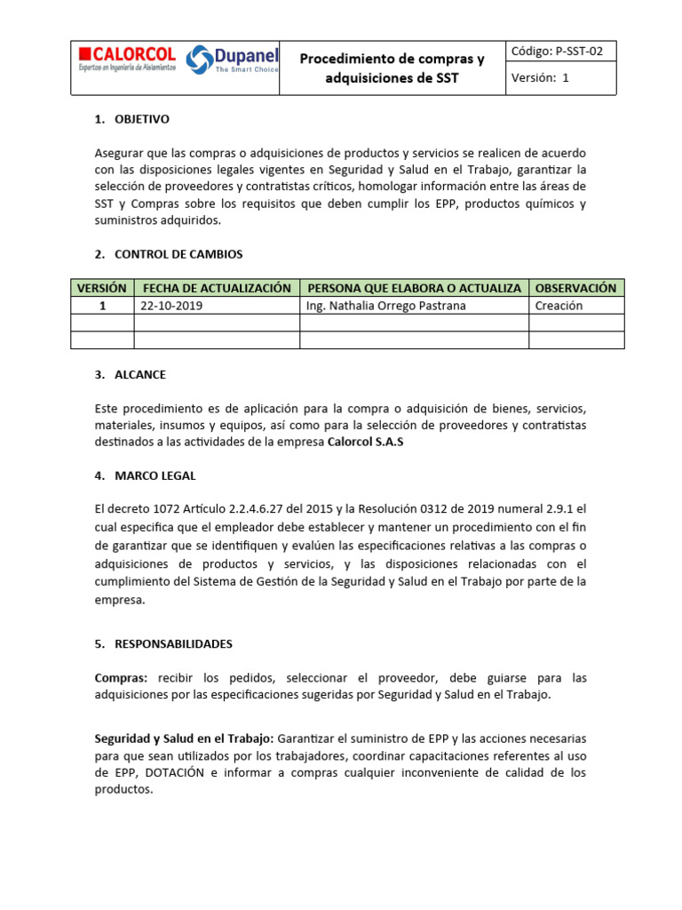 P-SST-02 Procedimiemto de Compras y Adquisisciones de SST | PDF ...