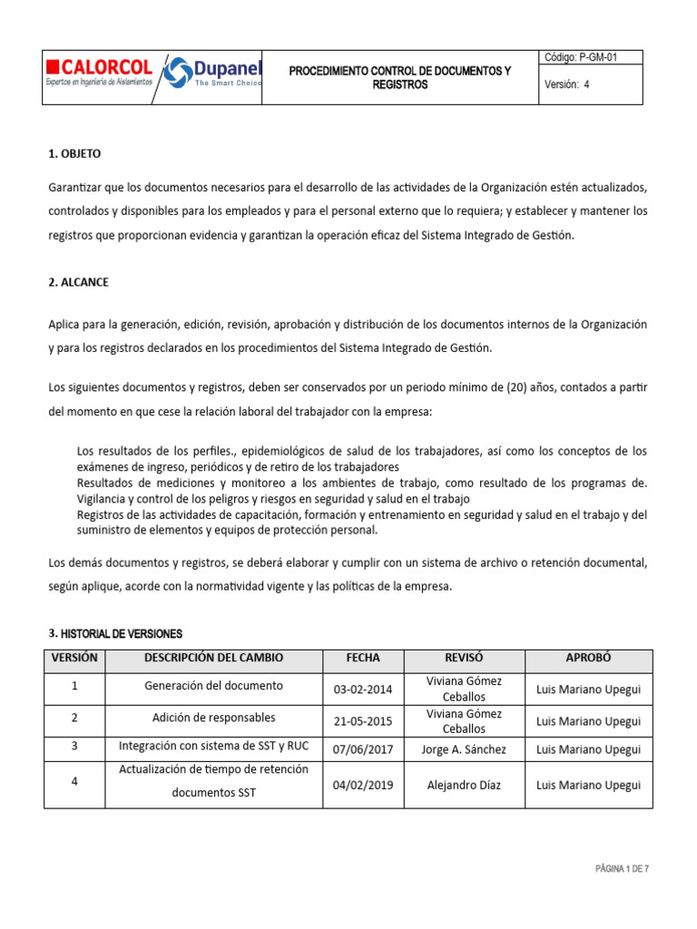 P-GM-01 Procedimiento Control de Documentos y Registros | PDF | Archivo ...