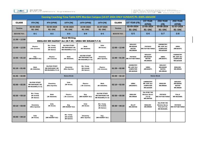 KIPS Mardan Evening Coaching Schedule | PDF