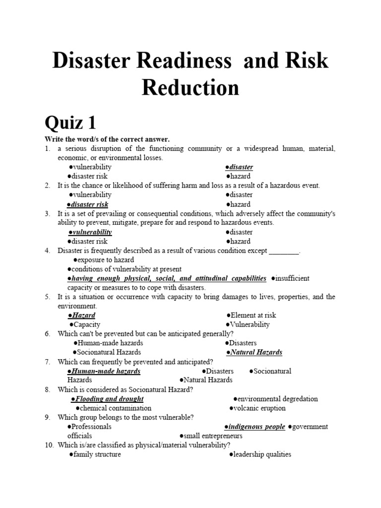 Disaster Readiness Quiz: Risk Reduction Concepts | PDF | Hazards ...