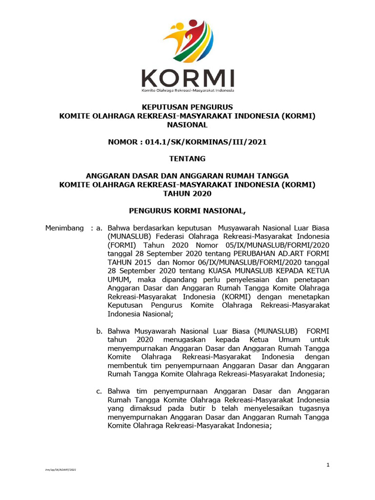 Anggaran Dasar KORMI 2021 | PDF | Pengelolaan Keuangan & Uang